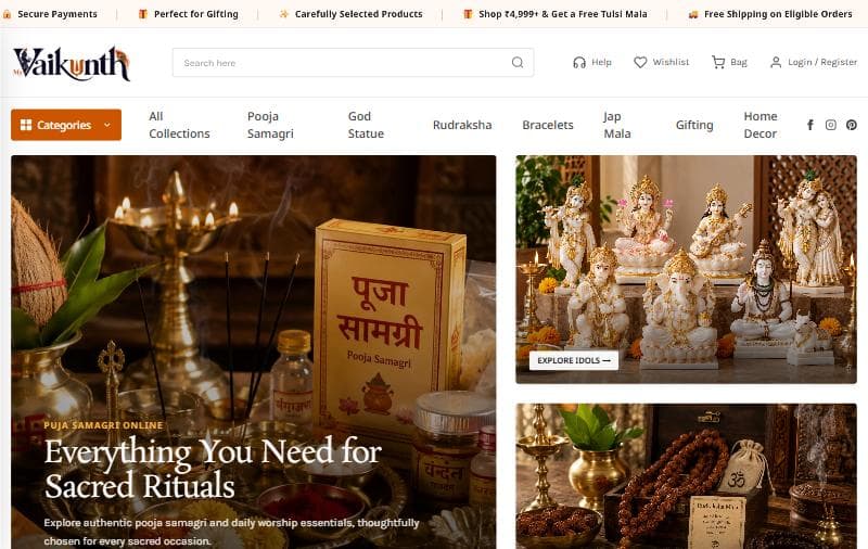 My Vaikunth homepage showing puja samagri collections and featured idols