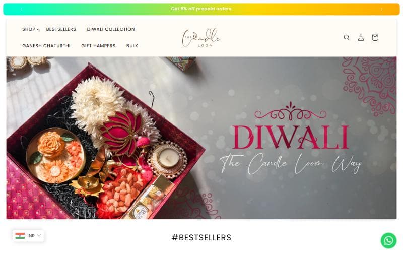 The Candle Loom homepage with a Diwali gift box hero